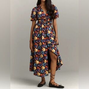 1X By Anthropologie Katrina blue yellow red button front maxi dress.Size 1X